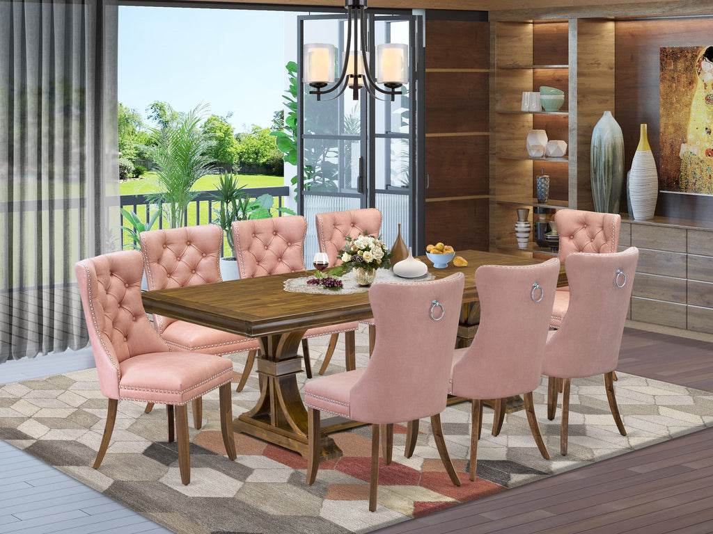 Luxe by East West Furniture LEDA9-AWA-23 9-piece Mid-Century Dining Table Set consists of a Kitchen Table and 8 Beige Red Faux Leather Dinner Chairs with Button tufted Back - Antique Walnut Finish