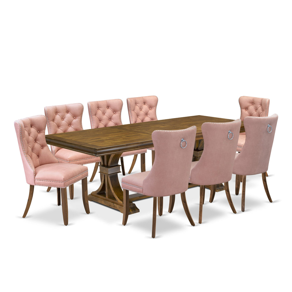 Luxe by East West Furniture LEDA9-AWA-23 9-piece Mid-Century Dining Table Set consists of a Kitchen Table and 8 Beige Red Faux Leather Dinner Chairs with Button tufted Back - Antique Walnut Finish