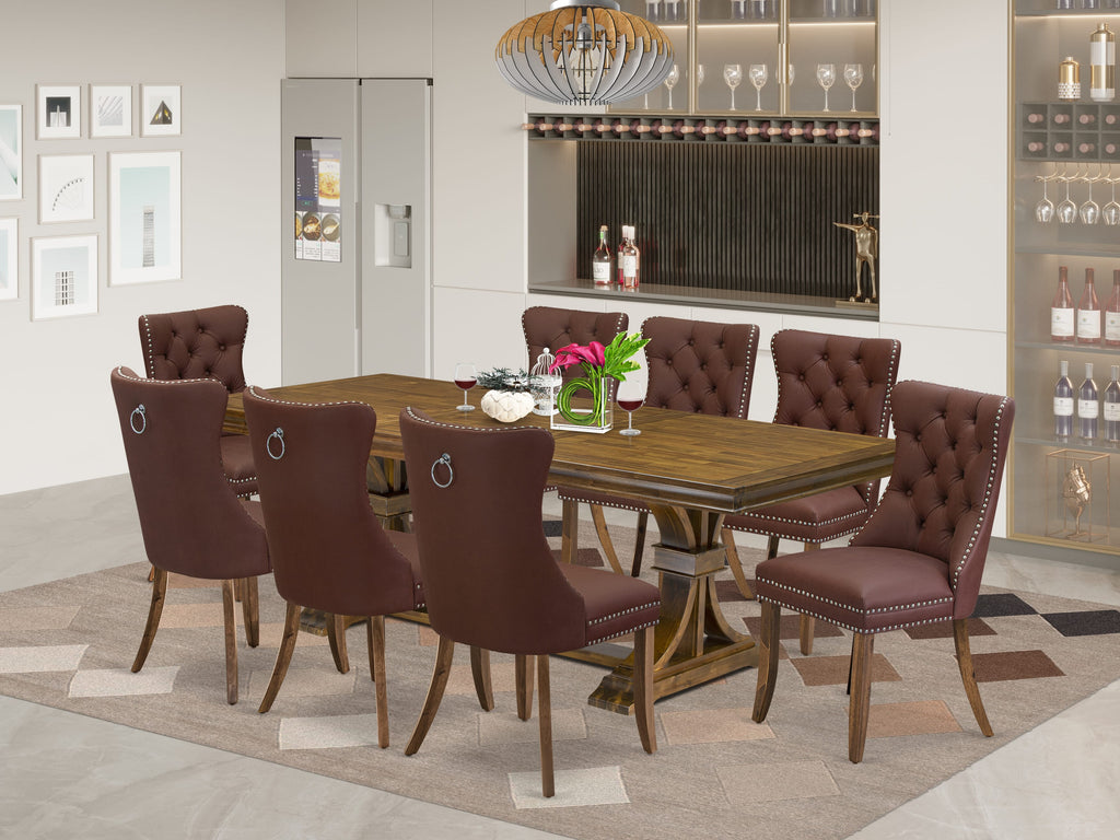 Luxe by East West Furniture LEDA9-AWA-26 9-piece Kitchen Table Set consists of a Dining Table and 8 Burgundy Faux Leather Dinner Chairs with Button tufted Back - Antique Walnut Finish