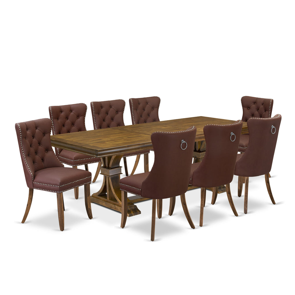 Luxe by East West Furniture LEDA9-AWA-26 9-piece Kitchen Table Set consists of a Dining Table and 8 Burgundy Faux Leather Dinner Chairs with Button tufted Back - Antique Walnut Finish