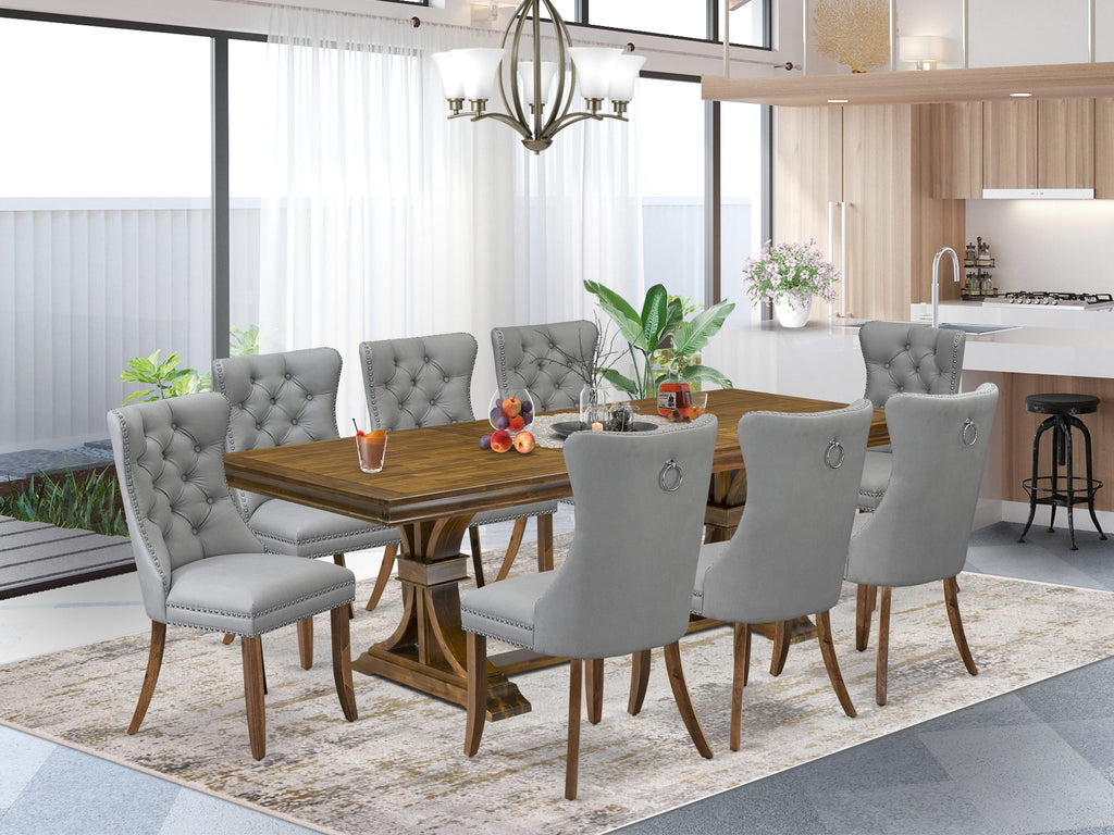 Luxe by East West Furniture LEDA9-AWA-27-9 Pieces Dining Table Set Includes a Rectangle Table and 8 Light Gray Faux Leather Dining Chairs, Antique Walnut