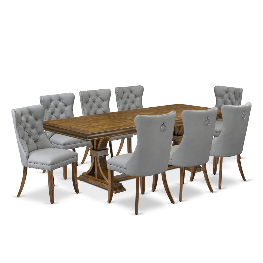 Luxe by East West Furniture LEDA9-AWA-27-9 Pieces Dining Table Set Includes a Rectangle Table and 8 Light Gray Faux Leather Dining Chairs, Antique Walnut
