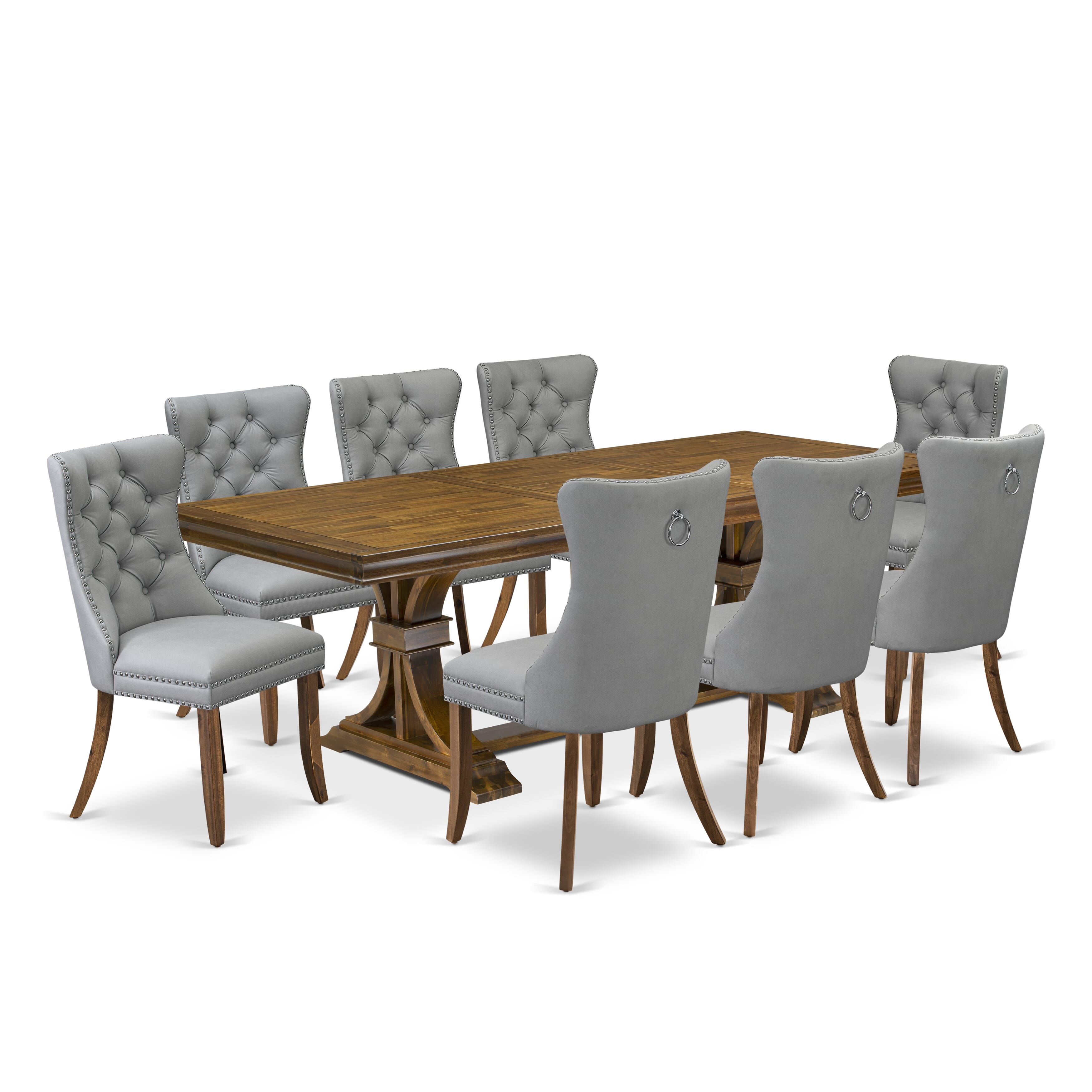 Luxe by East West Furniture LEDA9-AWA-27-9 Pieces Dining Table Set Includes a Rectangle Table and 8 Light Gray Faux Leather Dining Chairs, Antique Walnut
