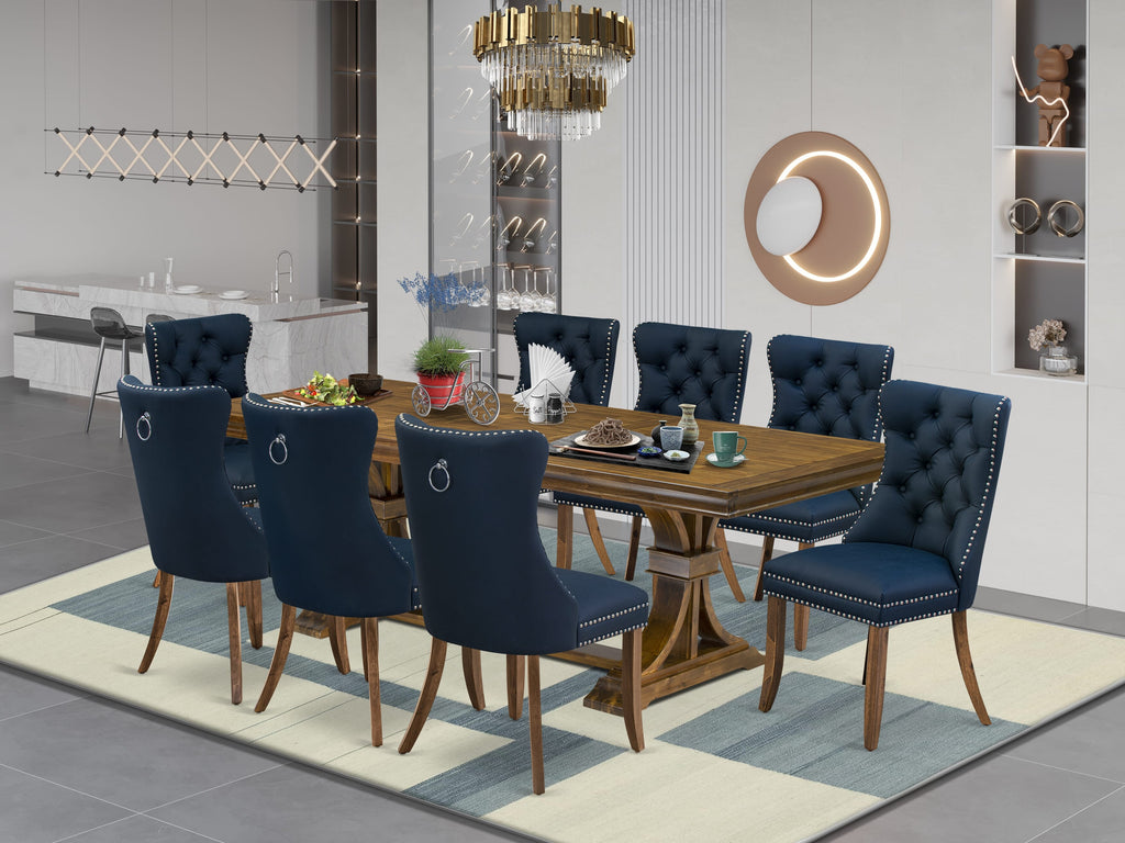 Luxe by East West Furniture LEDA9-AWA-29-9 Pieces Dining Table Set Includes a Rectangle Table and 8 Navy Blue Faux Leather Dining Chairs, Antique Walnut