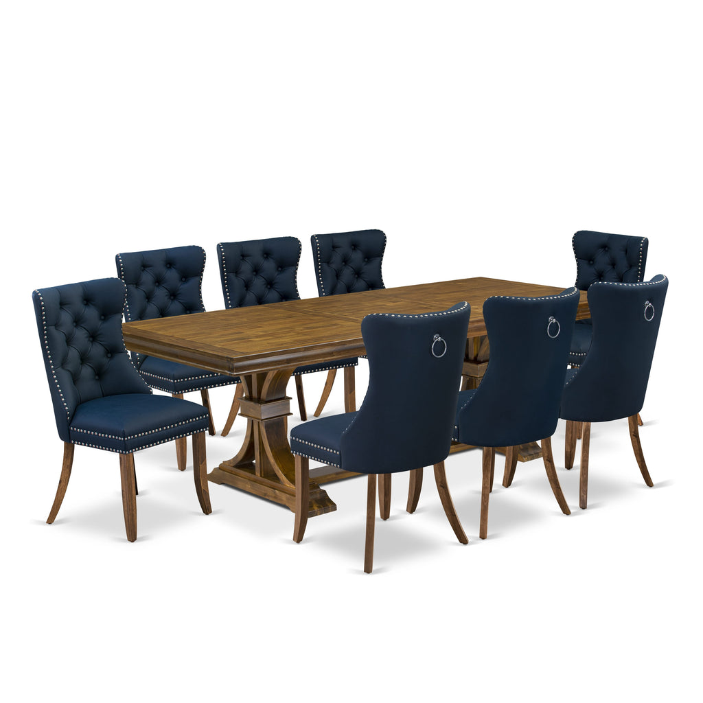 Luxe by East West Furniture LEDA9-AWA-29-9 Pieces Dining Table Set Includes a Rectangle Table and 8 Navy Blue Faux Leather Dining Chairs, Antique Walnut