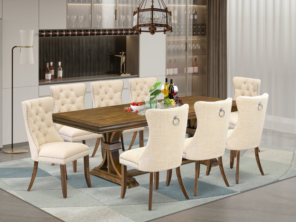 Luxe by East West Furniture LEDA9-AWA-32 9 Pieces Dining Table Set Includes a Rectangle Table and 8 Light Beige Linen fabric Dining Chairs, Antique Walnut