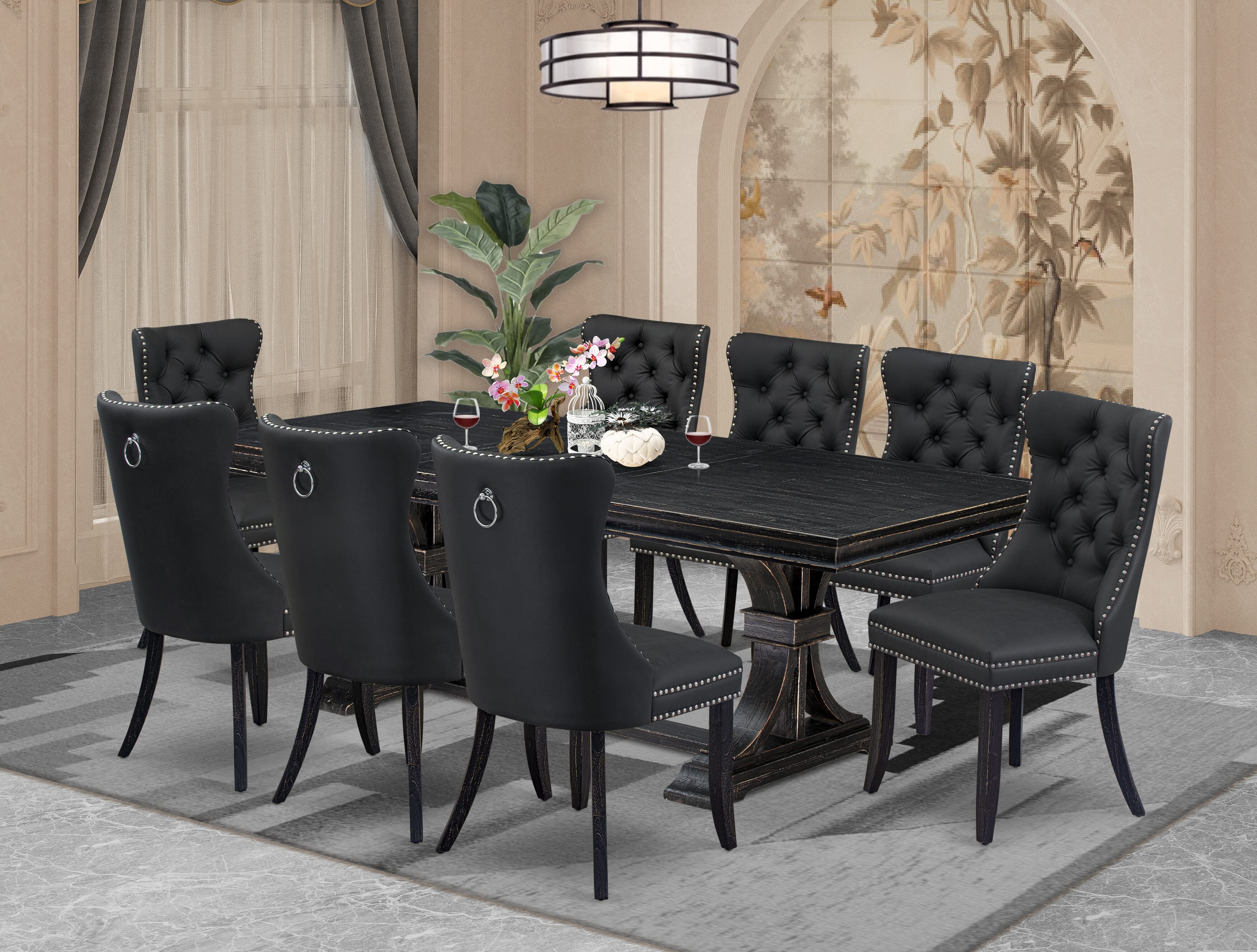 Luxe by East West Furniture LEDA9-SBB-12 9 Pieces Dining Table Set Includes a Rectangle Table and 8 Dark Gray Faux Leather Dining Chairs, Sand Blasting Black
