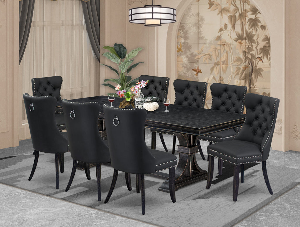 Luxe by East West Furniture LEDA9-SBB-12 9 Pieces Dining Table Set Includes a Rectangle Table and 8 Dark Gray Faux Leather Dining Chairs, Sand Blasting Black