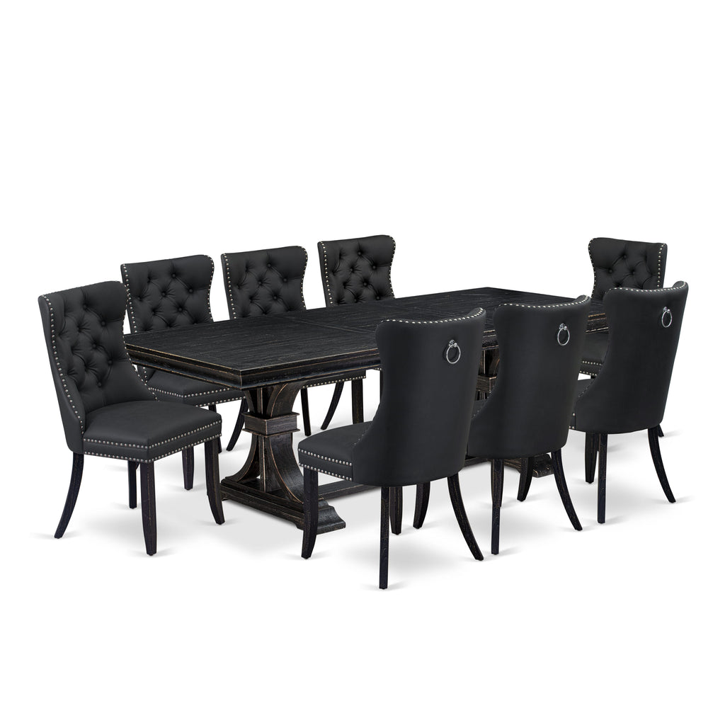 Luxe by East West Furniture LEDA9-SBB-12 9 Pieces Dining Table Set Includes a Rectangle Table and 8 Dark Gray Faux Leather Dining Chairs, Sand Blasting Black