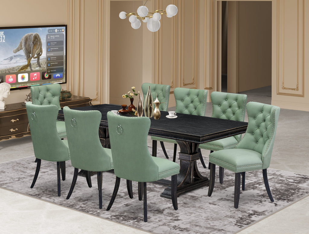 Luxe by East West Furniture LEDA9-SBB-22 9 Pieces Dining Table Set Includes a Rectangle Table and 8 Willow Green Faux Leather Dining Chairs, Sand Blasting Black