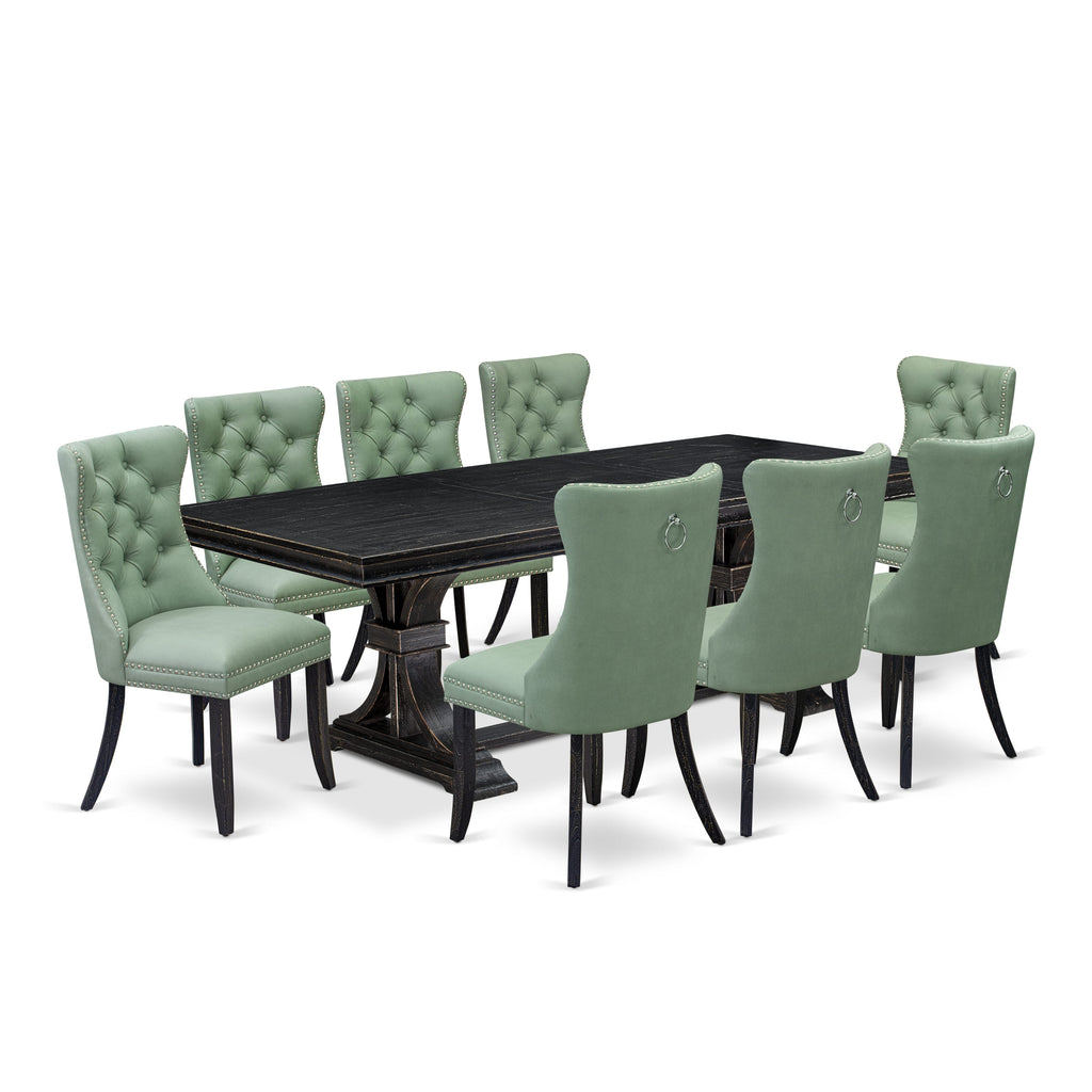 Luxe by East West Furniture LEDA9-SBB-22 9 Pieces Dining Table Set Includes a Rectangle Table and 8 Willow Green Faux Leather Dining Chairs, Sand Blasting Black