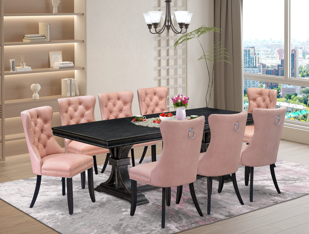 Luxe by East West Furniture LEDA9-SBB-23 9 Pieces Dining Table Set Includes a Rectangle Table and 8 Beige Red Faux Leather Dining Chairs, Sand Blasting Black