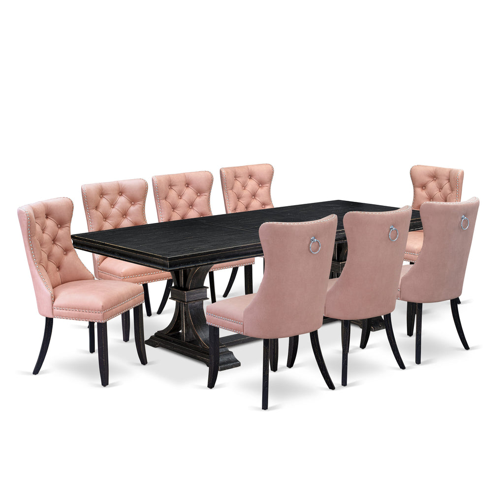Luxe by East West Furniture LEDA9-SBB-23 9 Pieces Dining Table Set Includes a Rectangle Table and 8 Beige Red Faux Leather Dining Chairs, Sand Blasting Black