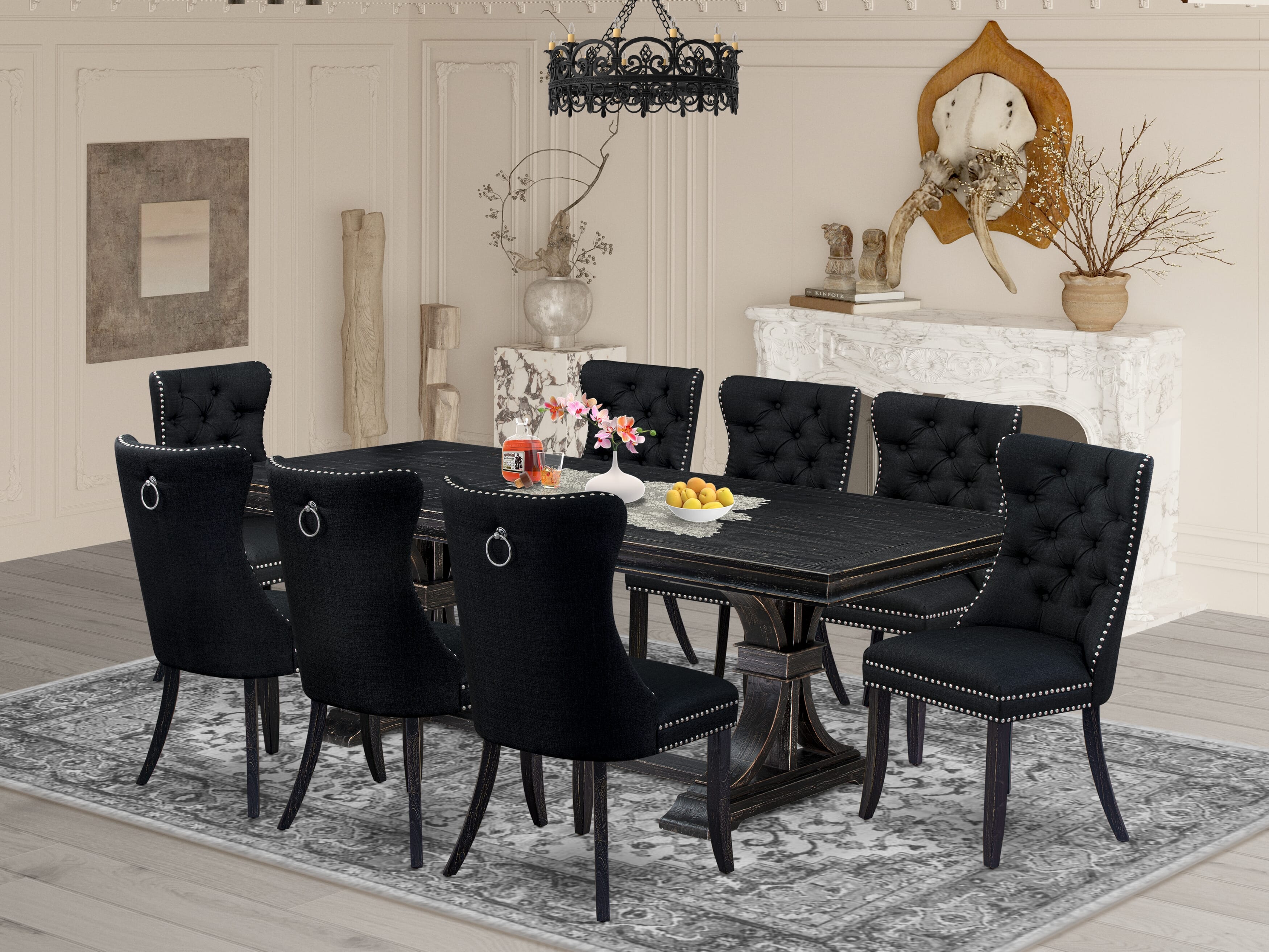 Luxe by East West Furniture LEDA9-SBB-24 - 9-piece modern dining set consists of a dinner table and 8 Black Linen Fabric kitchen chairs with Button Tufted Chair Back - Sand Blasting Black Finish.