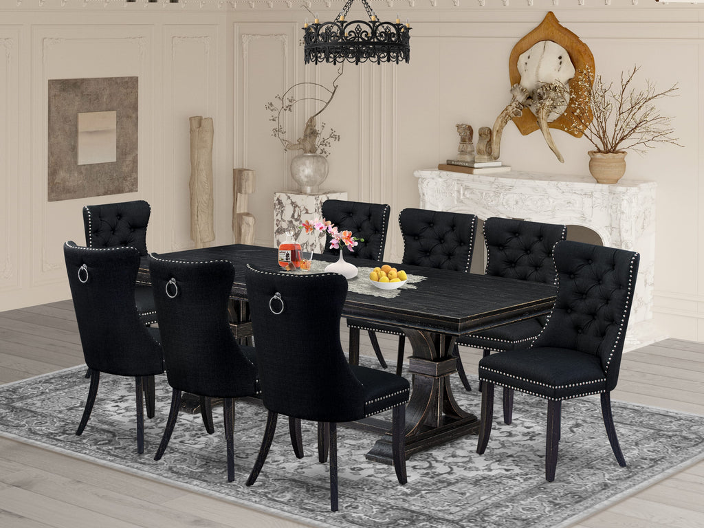 Luxe by East West Furniture LEDA9-SBB-24 - 9-piece modern dining set consists of a dinner table and 8 Black Linen Fabric kitchen chairs with Button Tufted Chair Back - Sand Blasting Black Finish.