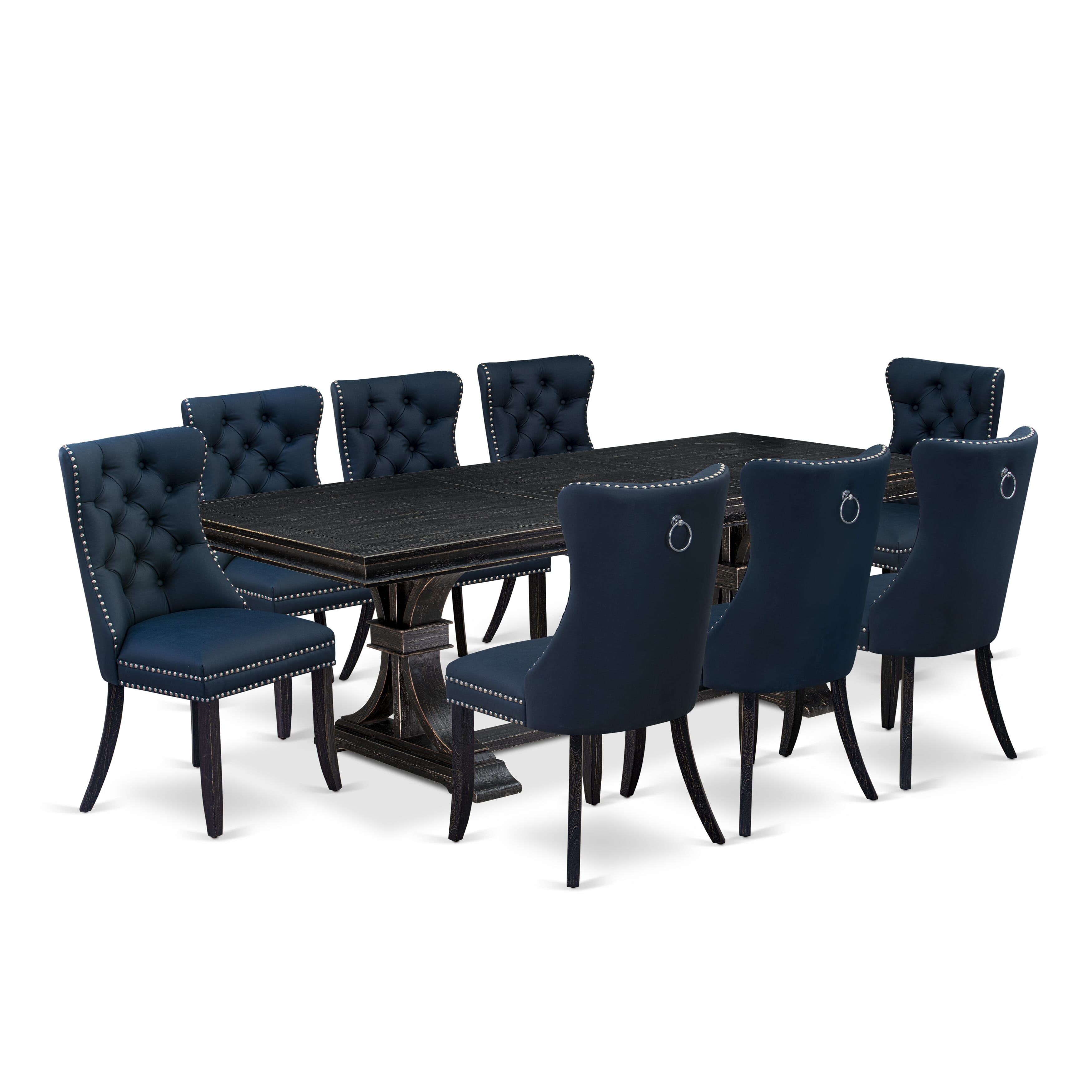 Luxe by East West Furniture LEDA9-SBB-29 - 9-piece kitchen set includes a dining table and 8 Navy Blue Faux Leather dining Chairs with Button Tufted Chair Back - Sand Blasting Black Finish.