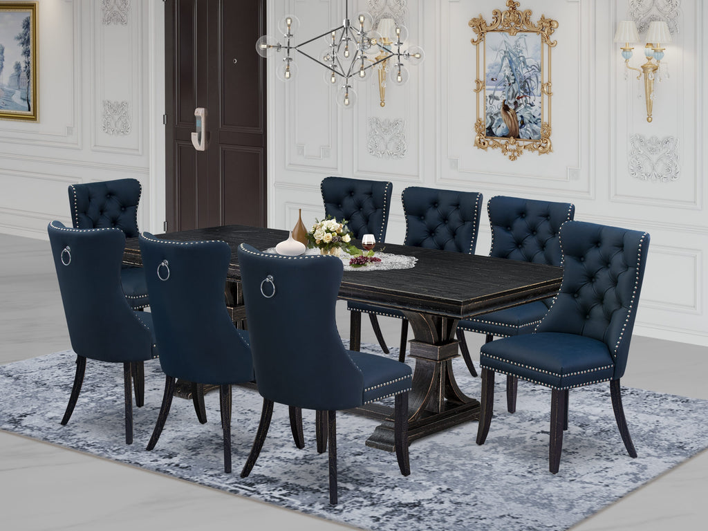 Luxe by East West Furniture LEDA9-SBB-29 - 9-piece kitchen set includes a dining table and 8 Navy Blue Faux Leather dining Chairs with Button Tufted Chair Back - Sand Blasting Black Finish.