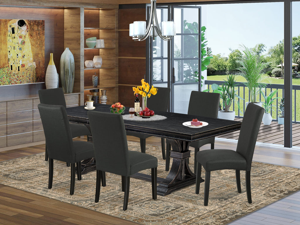 Luxe by East West Furniture LEDR7-SBB-24 - 7-piece dining table set consists of a wooden table and 6 Black Linen Fabric dining chairs with Padded Chair Back - Sand Blasting Black Finish.