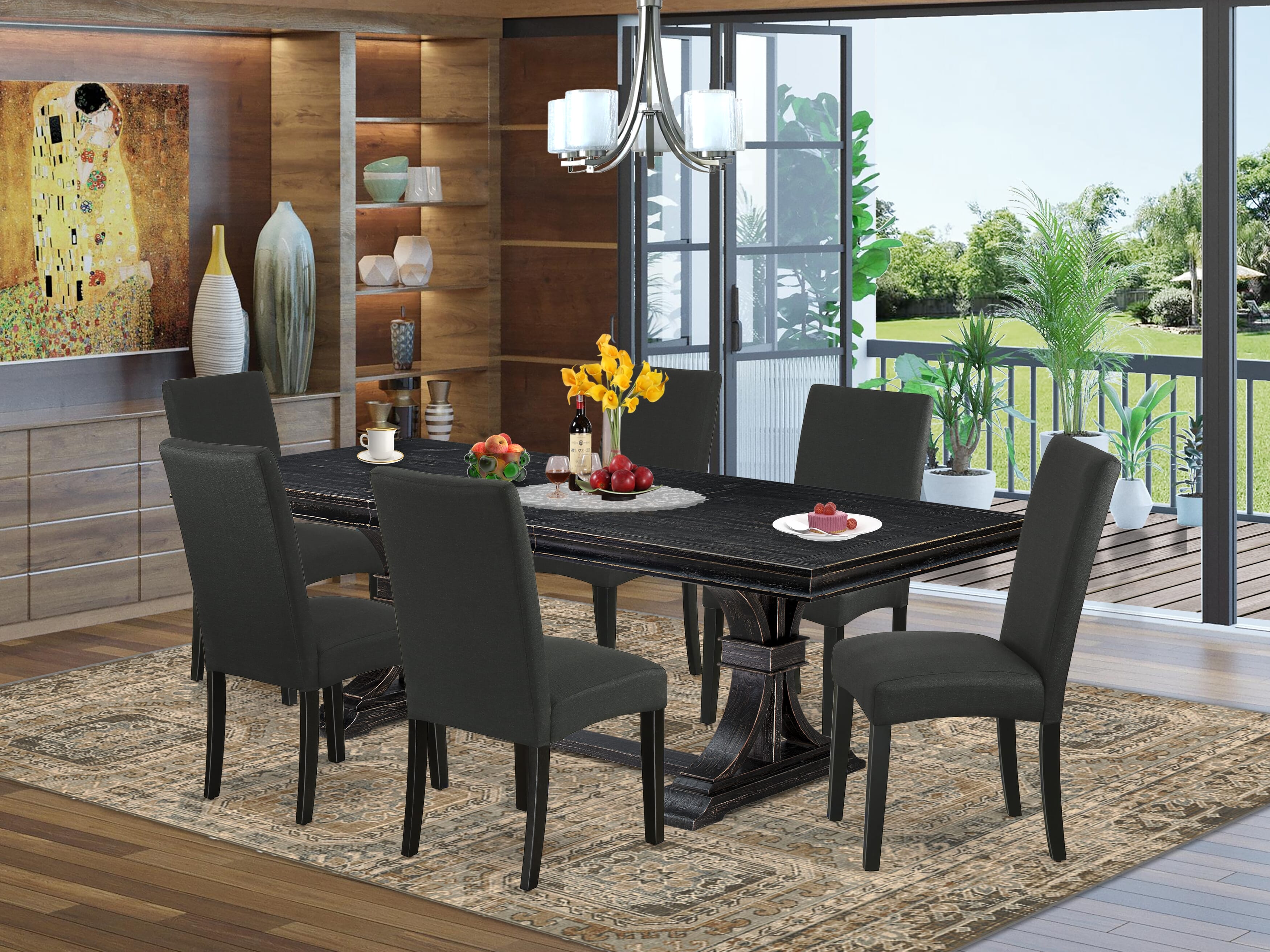 Luxe by East West Furniture LEDR7-SBB-24 - 7-piece dining table set consists of a wooden table and 6 Black Linen Fabric dining chairs with Padded Chair Back - Sand Blasting Black Finish.