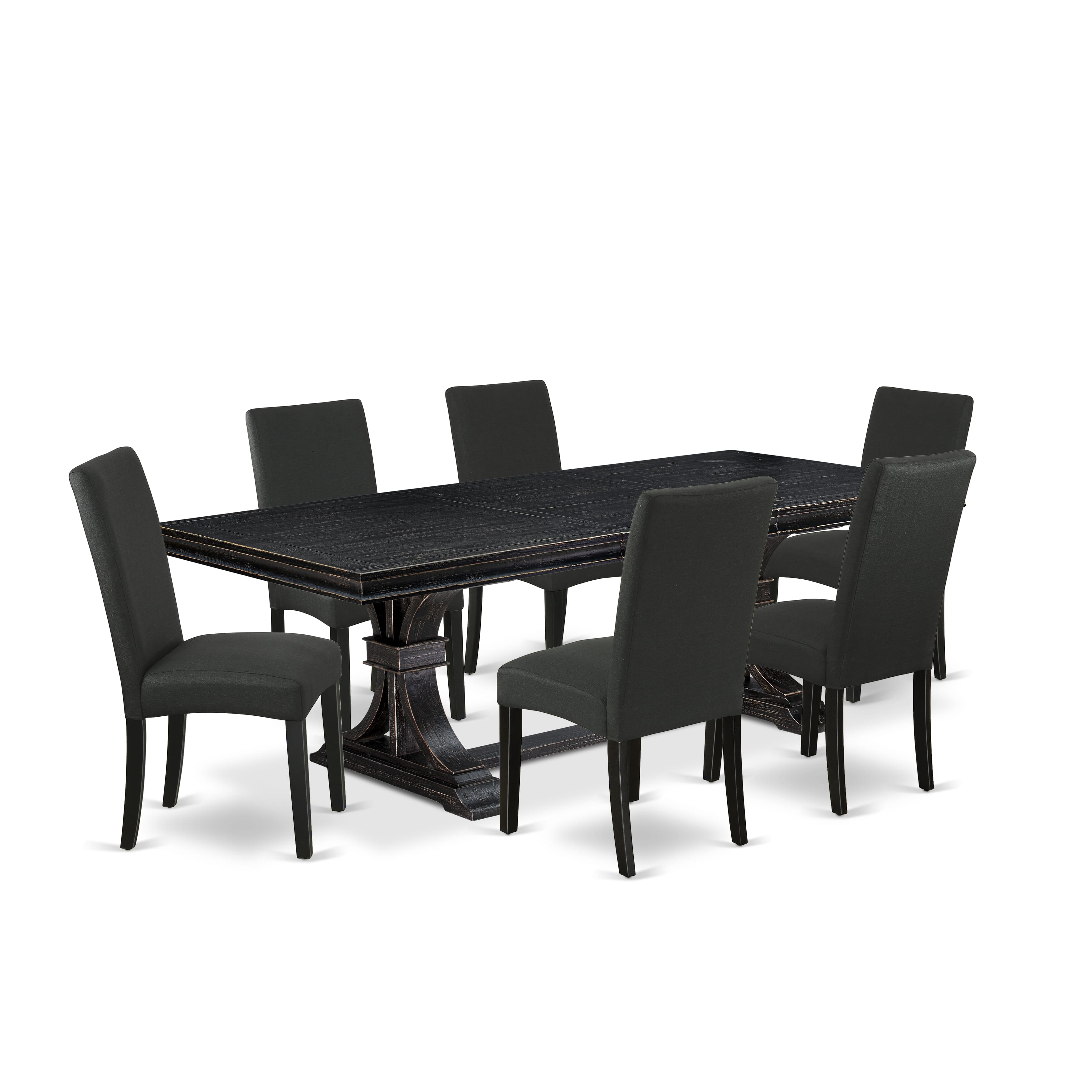 Luxe by East West Furniture LEDR7-SBB-24 - 7-piece dining table set consists of a wooden table and 6 Black Linen Fabric dining chairs with Padded Chair Back - Sand Blasting Black Finish.