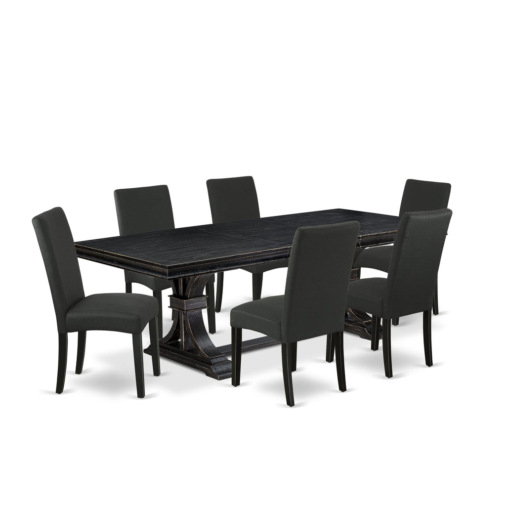 Luxe by East West Furniture LEDR7-SBB-24 - 7-piece dining table set consists of a wooden table and 6 Black Linen Fabric dining chairs with Padded Chair Back - Sand Blasting Black Finish.