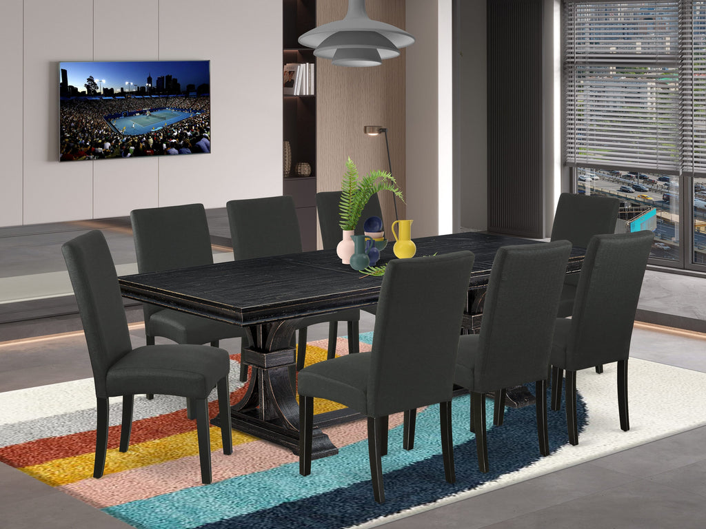 Luxe by East West Furniture LEDR9-SBB-24 - 9-piece kitchen table set consists of a rectangular table and 8 Black Linen Fabric dining chairs with Padded Chair Back - Sand Blasting Black Finish.