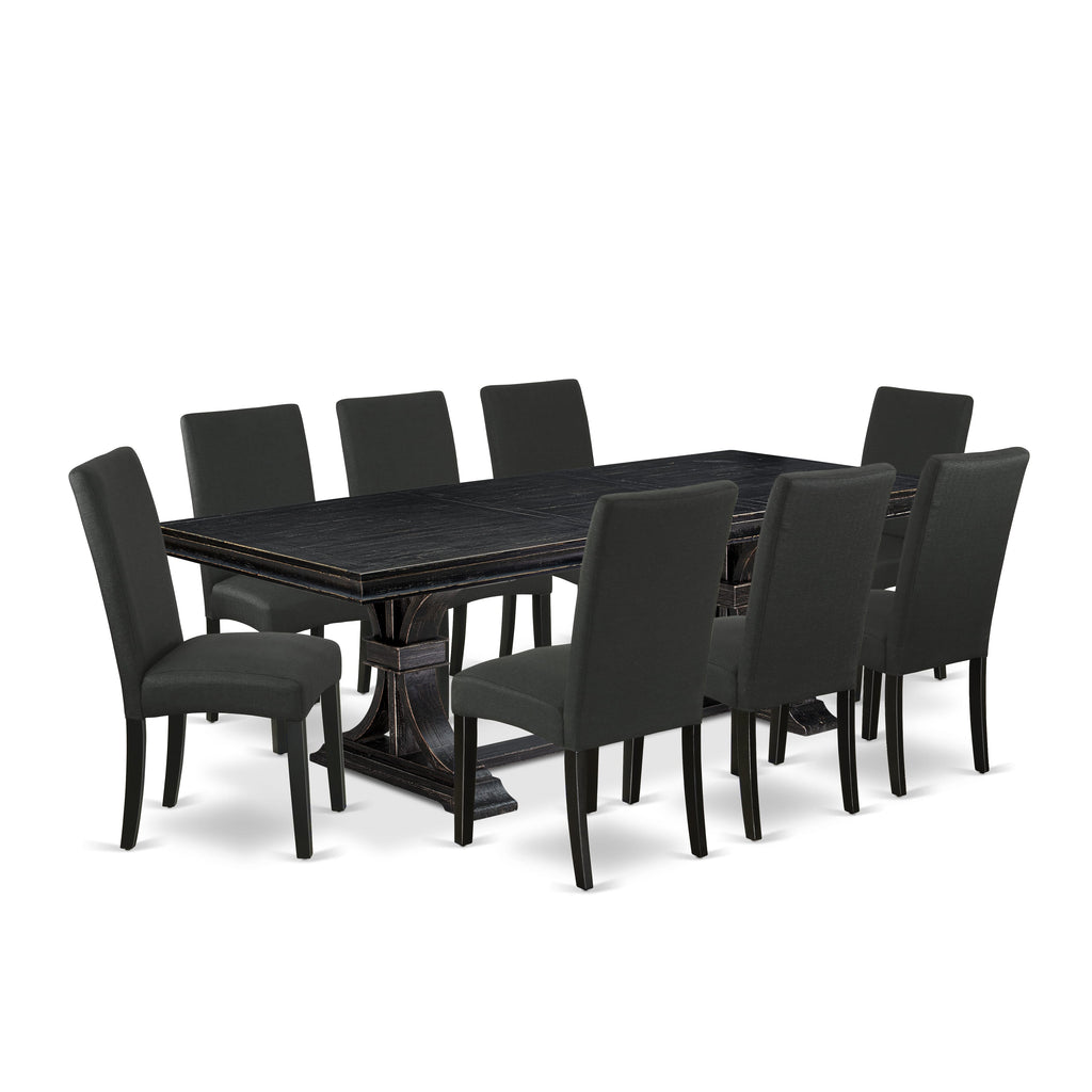 Luxe by East West Furniture LEDR9-SBB-24 - 9-piece kitchen table set consists of a rectangular table and 8 Black Linen Fabric dining chairs with Padded Chair Back - Sand Blasting Black Finish.