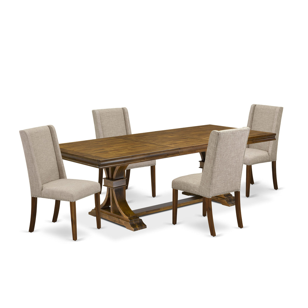 Luxe by East West Furniture LEFL5-AWA-04 - 5-piece kitchen dining set includes a breakfast table and 4 Light Tan Linen Fabric kitchen chairs with Padded Chair Back - Antique Walnut Finish.
