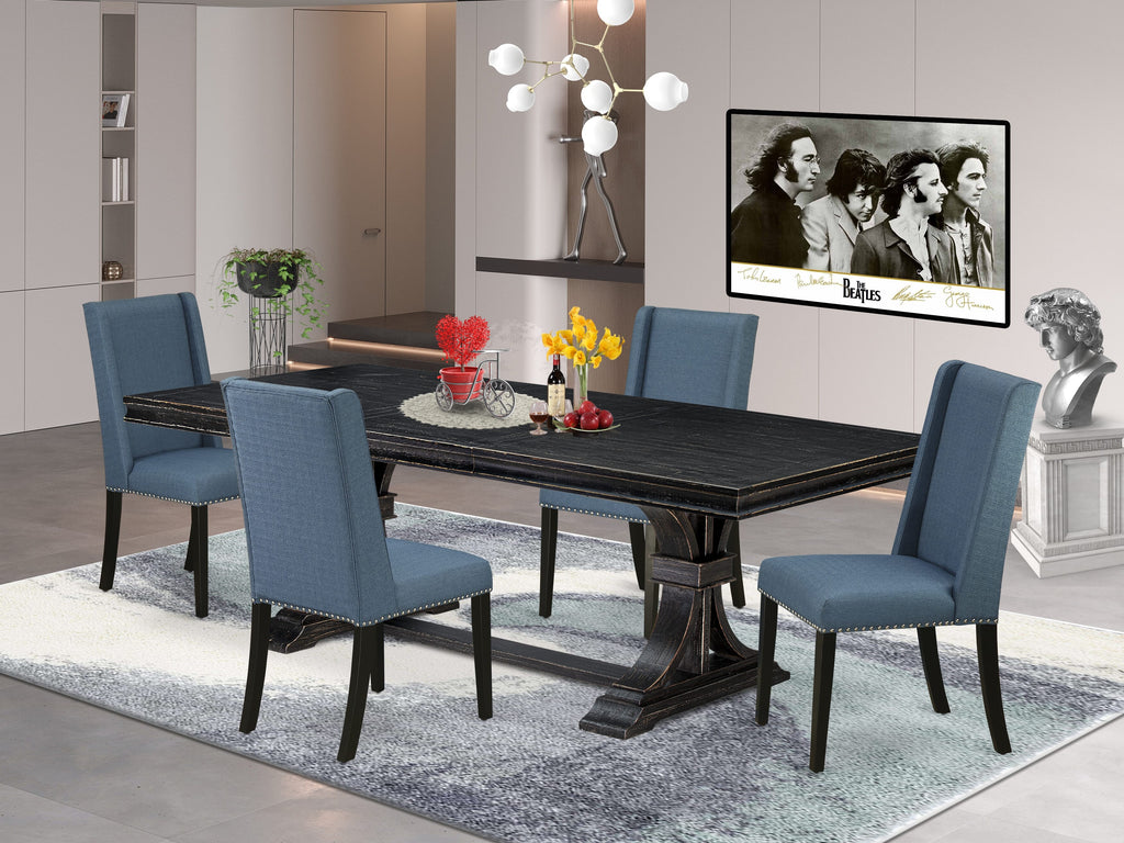 Luxe by East West Furniture LEFL5-SBB-21 - 5-piece dining set consists of a dinner table and 4 Mineral Blue Linen Fabric dining chairs with Padded Chair Back - Sand Blasting Black Finish.