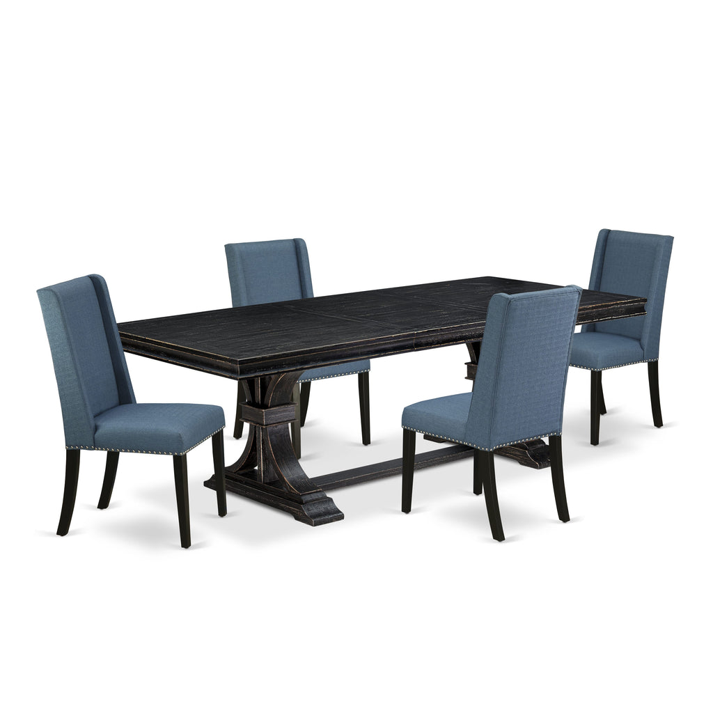 Luxe by East West Furniture LEFL5-SBB-21 - 5-piece dining set consists of a dinner table and 4 Mineral Blue Linen Fabric dining chairs with Padded Chair Back - Sand Blasting Black Finish.