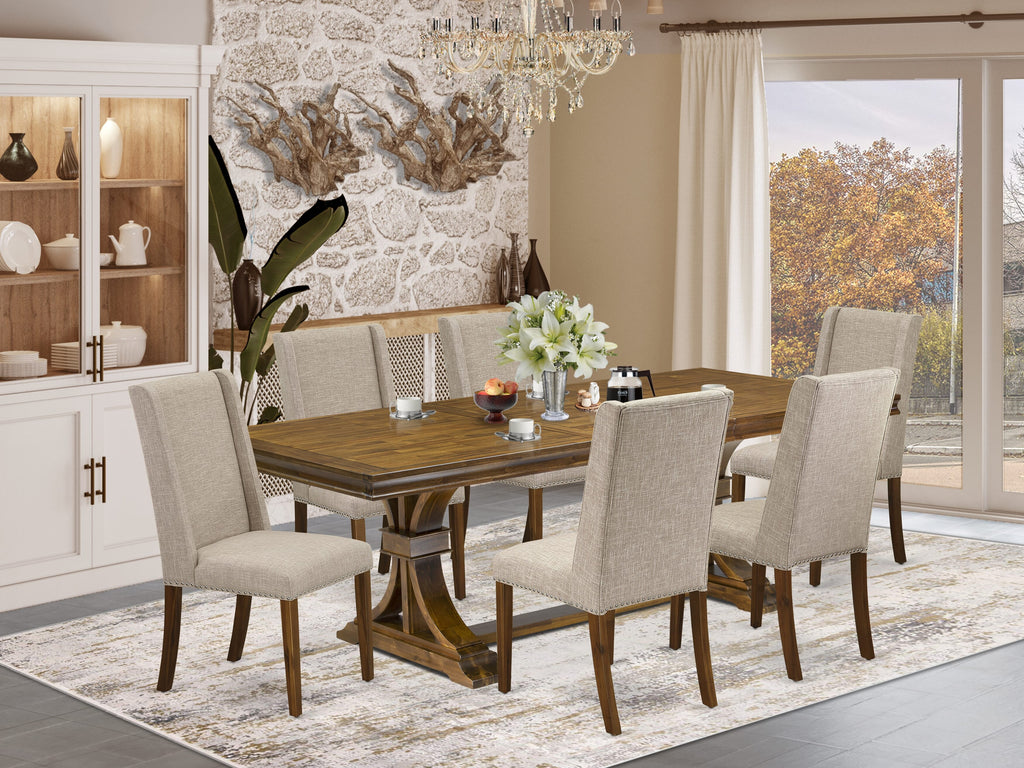 Luxe by East West Furniture LEFL7-AWA-04 - 7-piece dining table set includes a wooden table and 6 Light Tan Linen Fabric modern chairs with Padded Chair Back - Antique Walnut Finish.