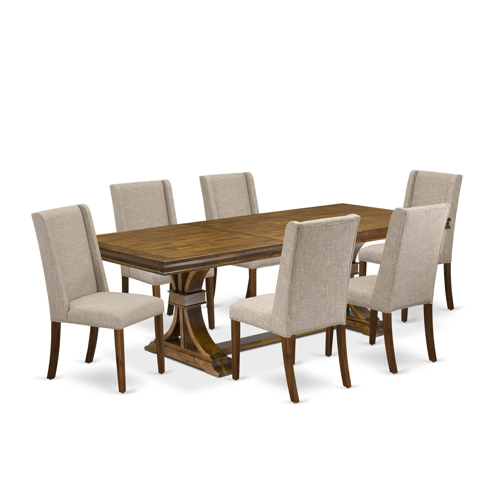 Luxe by East West Furniture LEFL7-AWA-04 - 7-piece dining table set includes a wooden table and 6 Light Tan Linen Fabric modern chairs with Padded Chair Back - Antique Walnut Finish.