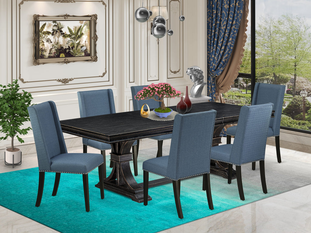 Luxe by East West Furniture LEFL7-SBB-21 - 7-piece kitchen set consists of a kitchen table and 6 Mineral Blue Linen Fabric parson chairs with Padded Chair Back - Sand Blasting Black Finish.