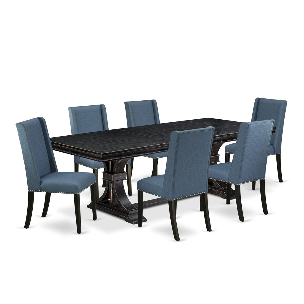 Luxe by East West Furniture LEFL7-SBB-21 - 7-piece kitchen set consists of a kitchen table and 6 Mineral Blue Linen Fabric parson chairs with Padded Chair Back - Sand Blasting Black Finish.