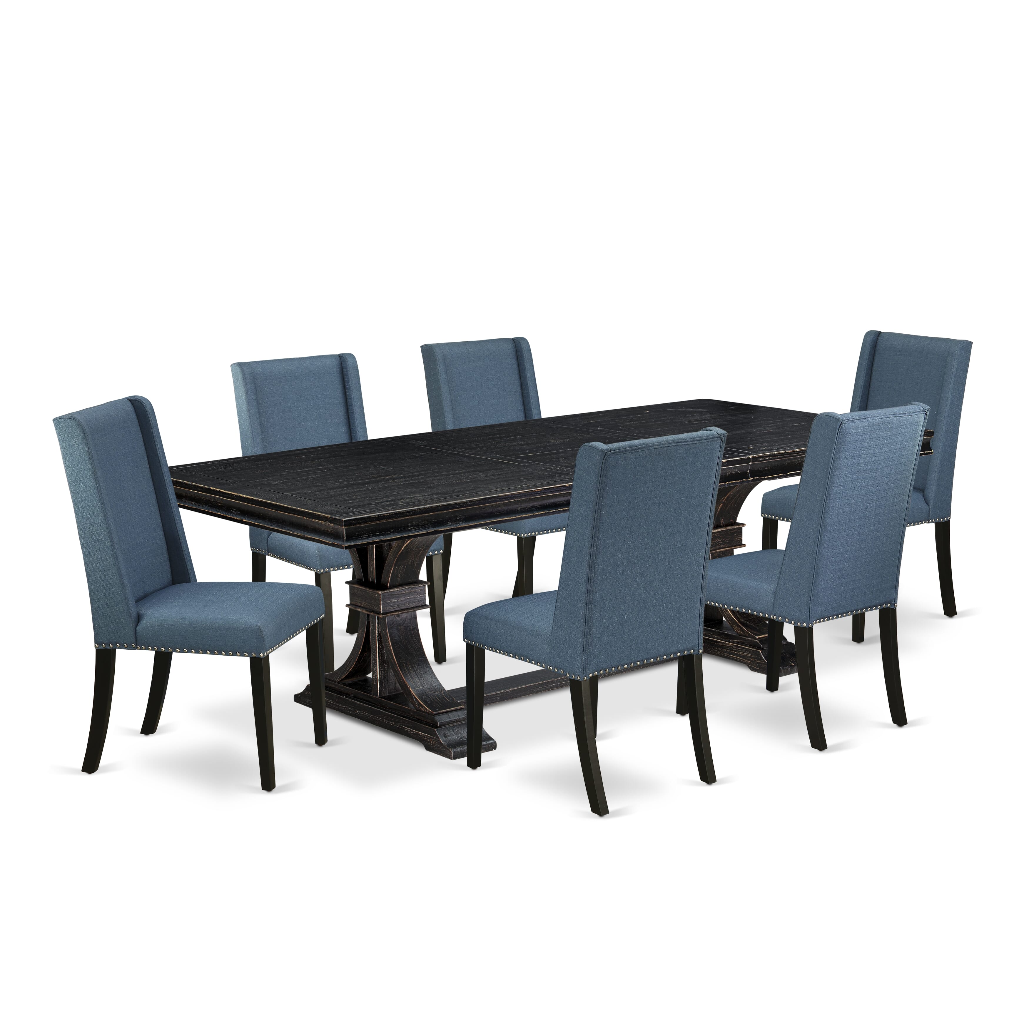 Luxe by East West Furniture LEFL7-SBB-21 - 7-piece kitchen set consists of a kitchen table and 6 Mineral Blue Linen Fabric parson chairs with Padded Chair Back - Sand Blasting Black Finish.