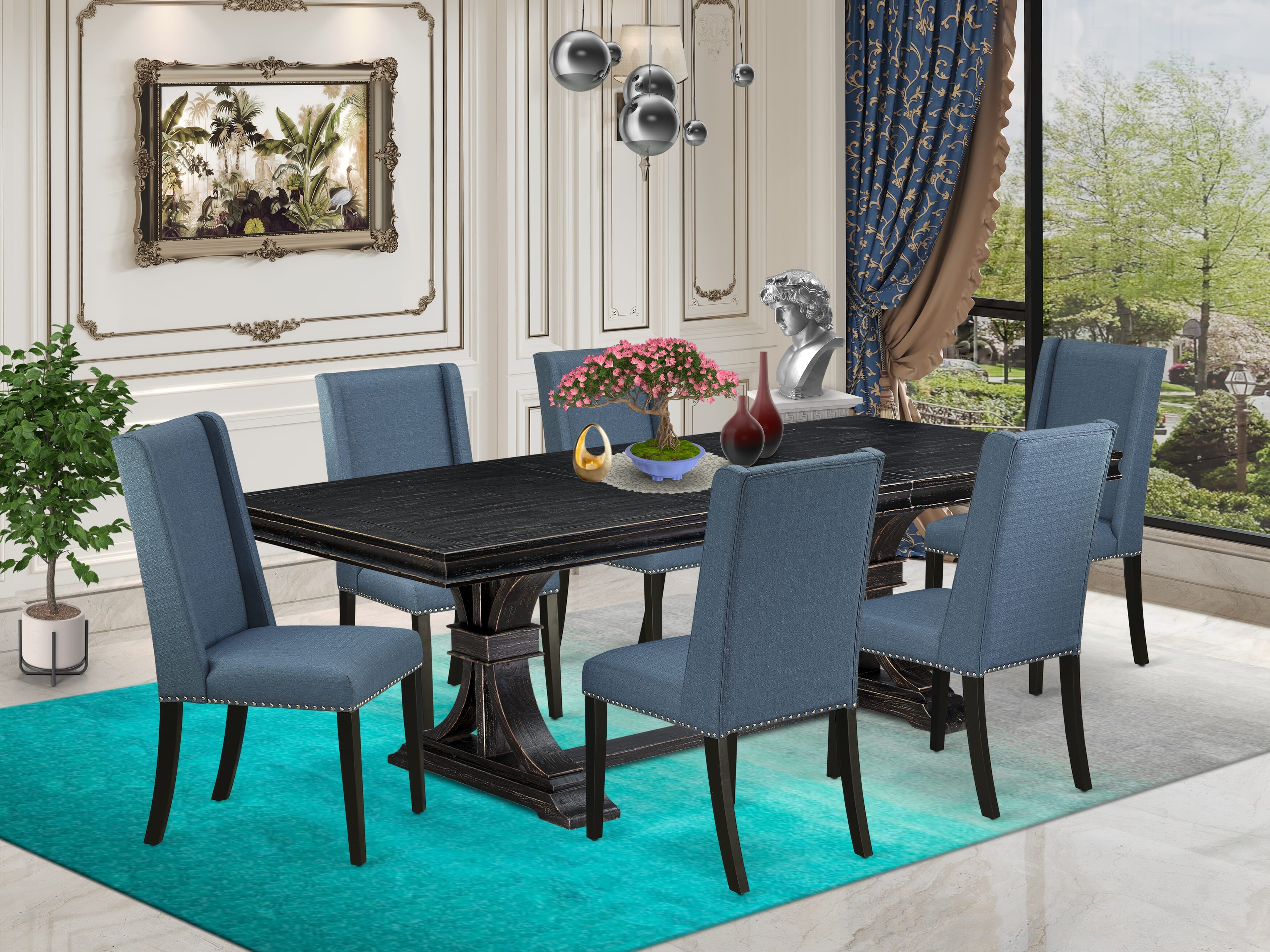 Luxe by East West Furniture LEFL7-SBB-21 - 7-piece kitchen set consists of a kitchen table and 6 Mineral Blue Linen Fabric parson chairs with Padded Chair Back - Sand Blasting Black Finish.