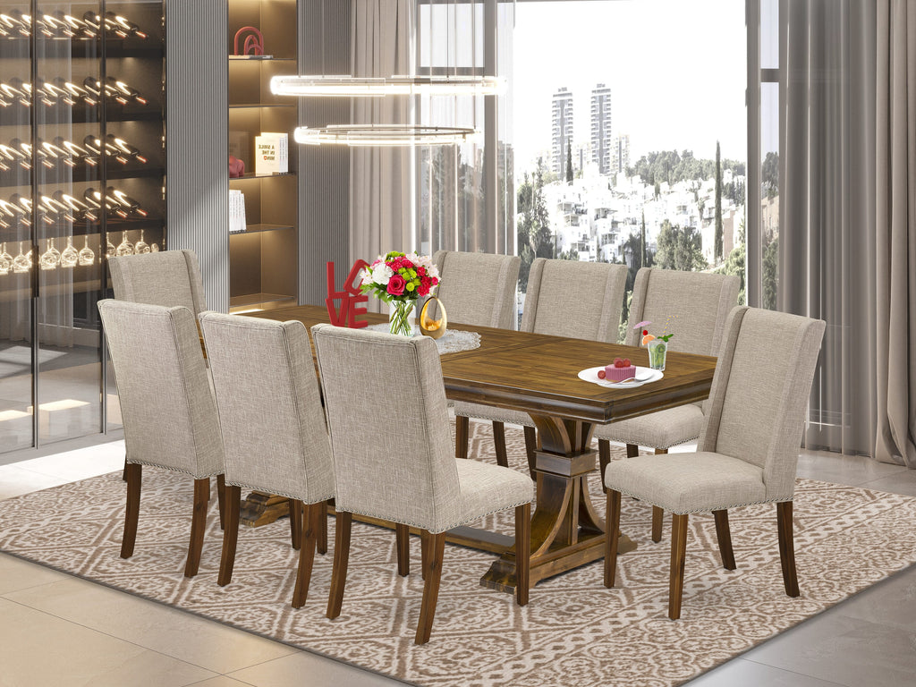 Luxe by East West Furniture LEFL9-AWA-04 - 9-piece kitchen table set consists of a rectangular table and 8 Light Tan Linen Fabric parson chairs with Padded Chair Back - Antique Walnut Finish.