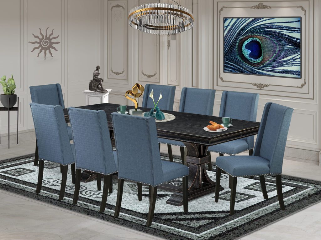 Luxe by East West Furniture LEFL9-SBB-21 - 9-piece dining table set consists of a wooden table and 8 Mineral Blue Linen Fabric upholstered chairs with Padded Chair Back - Sand Blasting Black Finish.
