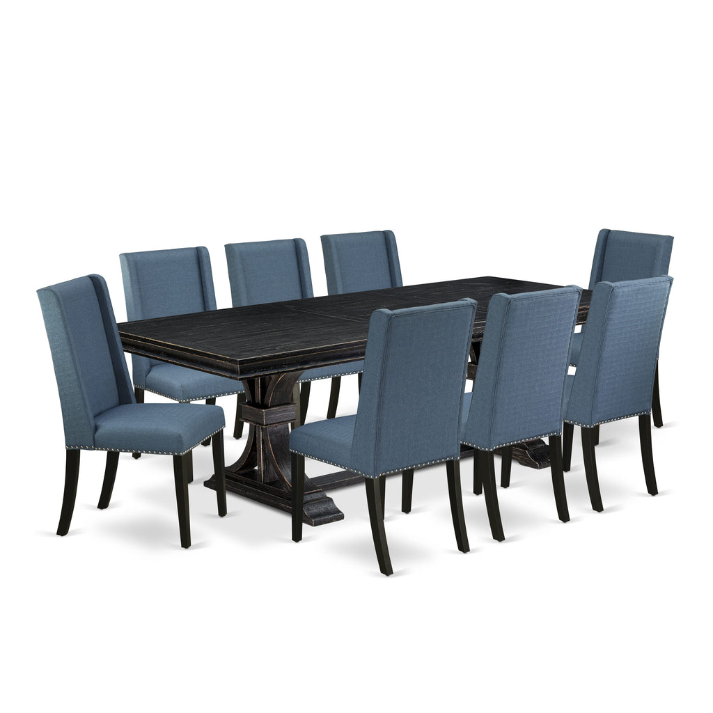 Luxe by East West Furniture LEFL9-SBB-21 - 9-piece dining table set consists of a wooden table and 8 Mineral Blue Linen Fabric upholstered chairs with Padded Chair Back - Sand Blasting Black Finish.