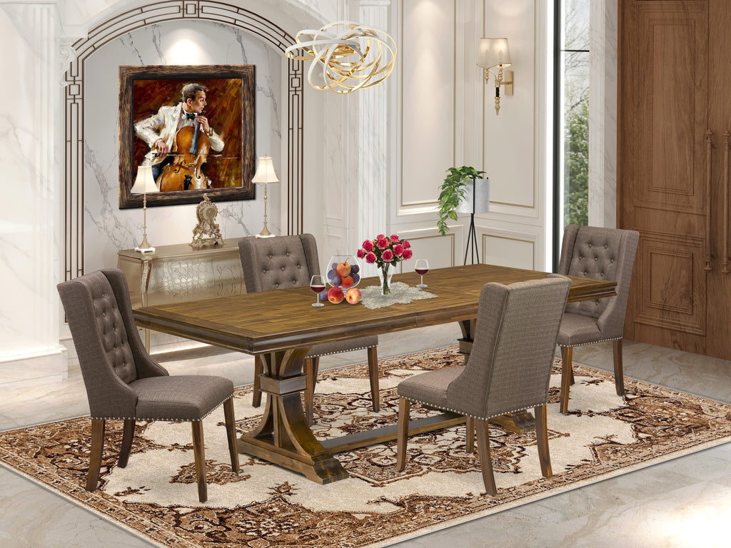 Luxe by East West Furniture LEFO5-AWA-18 - 5-piece kitchen table set consists of a dinner table and 4 Brown Linen Fabric upholstered chairs with Button Tufted Chair Back - Antique Walnut finish.