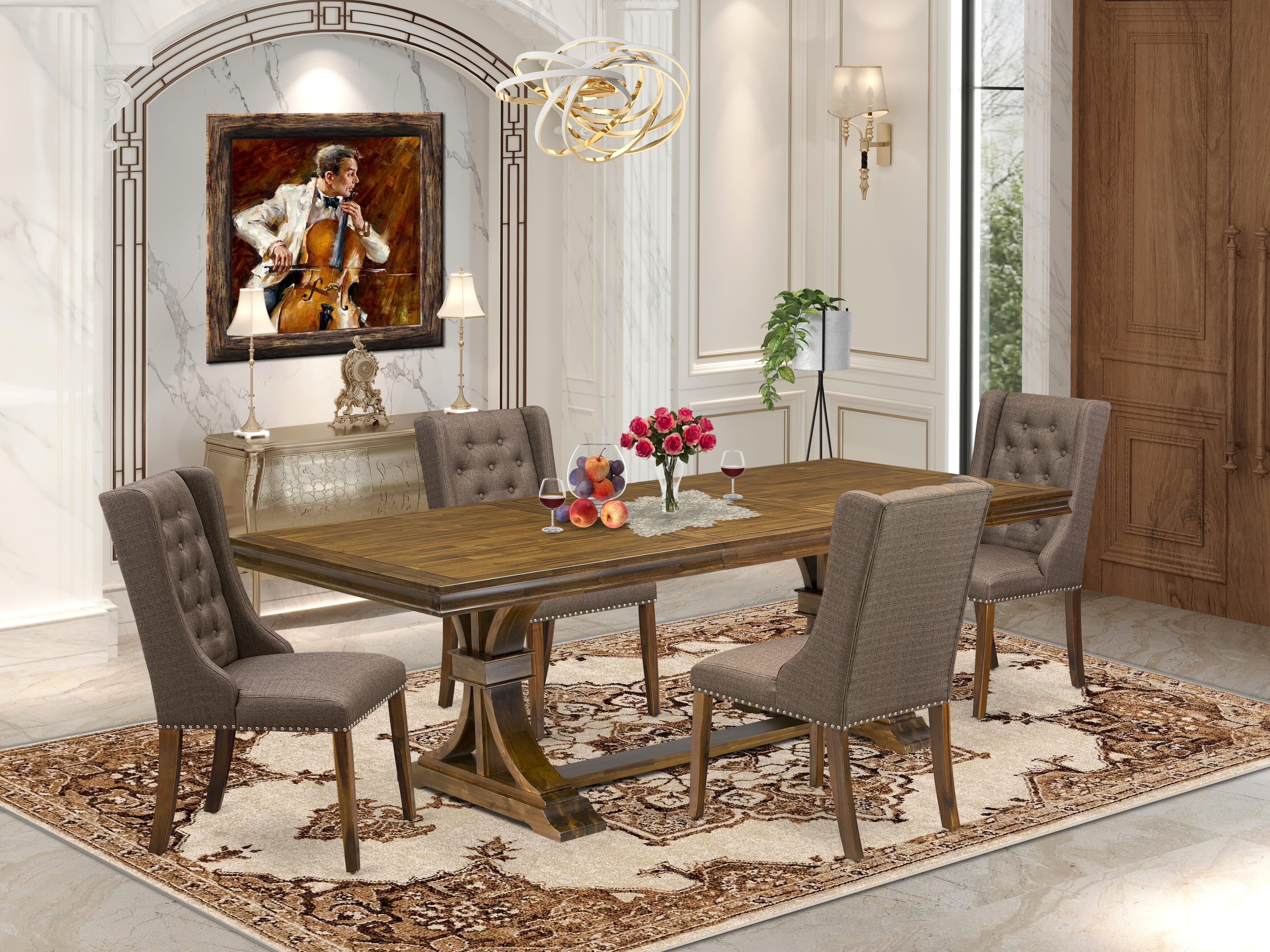 Luxe by East West Furniture LEFO5-AWA-18 - 5-piece kitchen table set consists of a dinner table and 4 Brown Linen Fabric upholstered chairs with Button Tufted Chair Back - Antique Walnut finish.