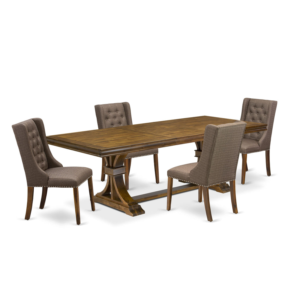 Luxe by East West Furniture LEFO5-AWA-18 - 5-piece kitchen table set consists of a dinner table and 4 Brown Linen Fabric upholstered chairs with Button Tufted Chair Back - Antique Walnut finish.