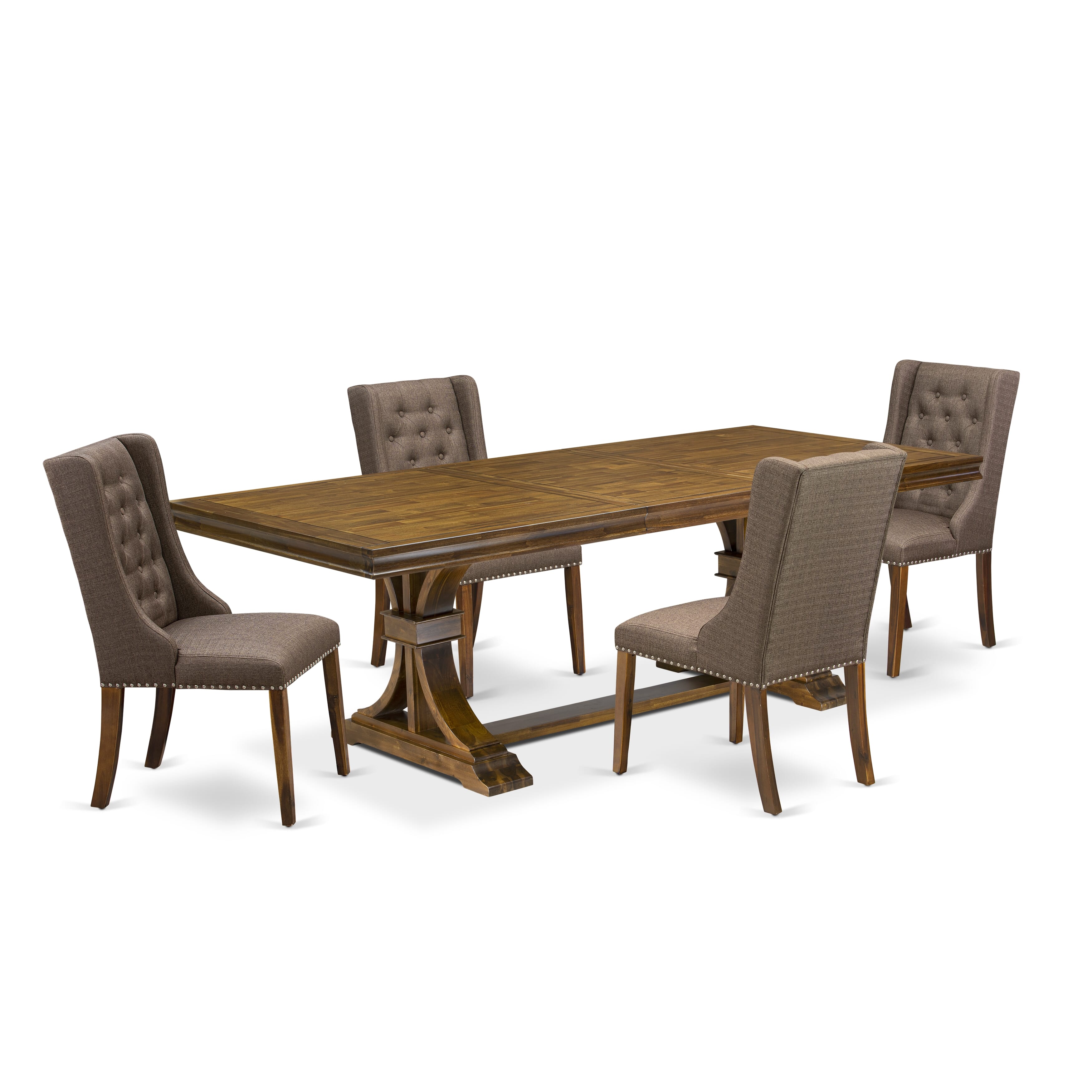Luxe by East West Furniture LEFO5-AWA-18 - 5-piece kitchen table set consists of a dinner table and 4 Brown Linen Fabric upholstered chairs with Button Tufted Chair Back - Antique Walnut finish.