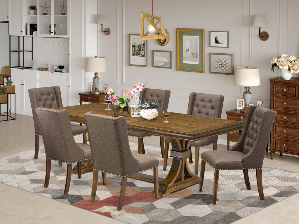 Luxe by East West Furniture LEFO7-AWA-18 - 7-piece modern dining table set includes a wooden table and 6 Brown Linen Fabric kitchen chairs with Button Tufted Chair Back - Antique Walnut finish.