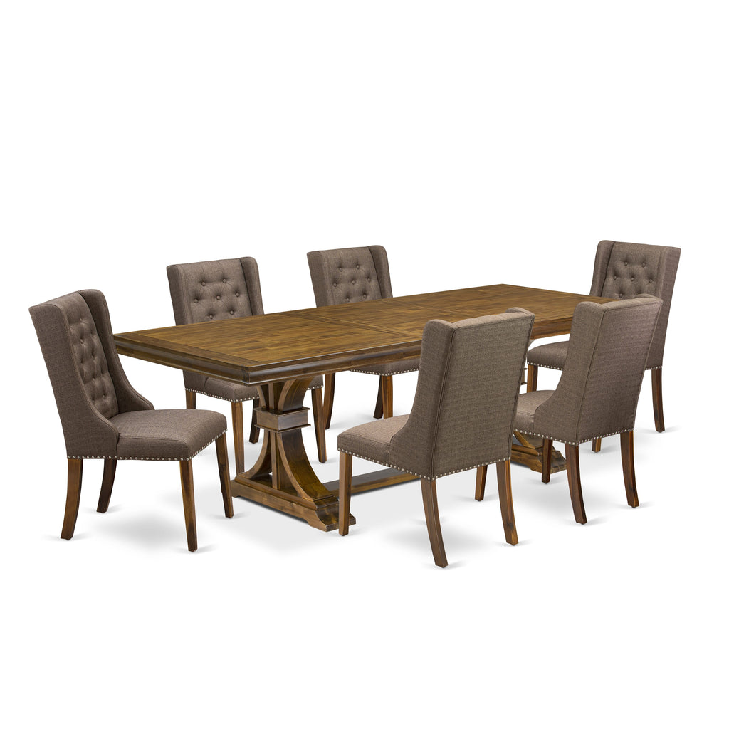 Luxe by East West Furniture LEFO7-AWA-18 - 7-piece modern dining table set includes a wooden table and 6 Brown Linen Fabric kitchen chairs with Button Tufted Chair Back - Antique Walnut finish.