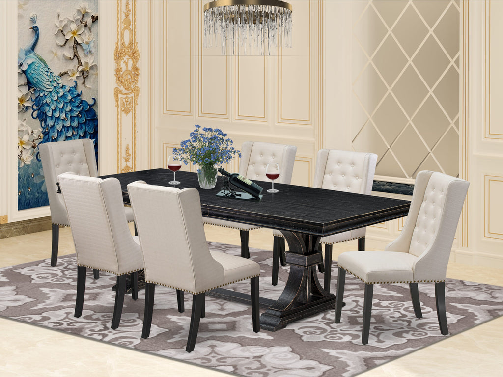Luxe by East West Furniture LEFO7-SBB-01 - 7-piece dining table set consists of a wooden table and 6 Cream Linen Fabric dining chairs with Button Tufted Chair Back - Sand Blasting Black.