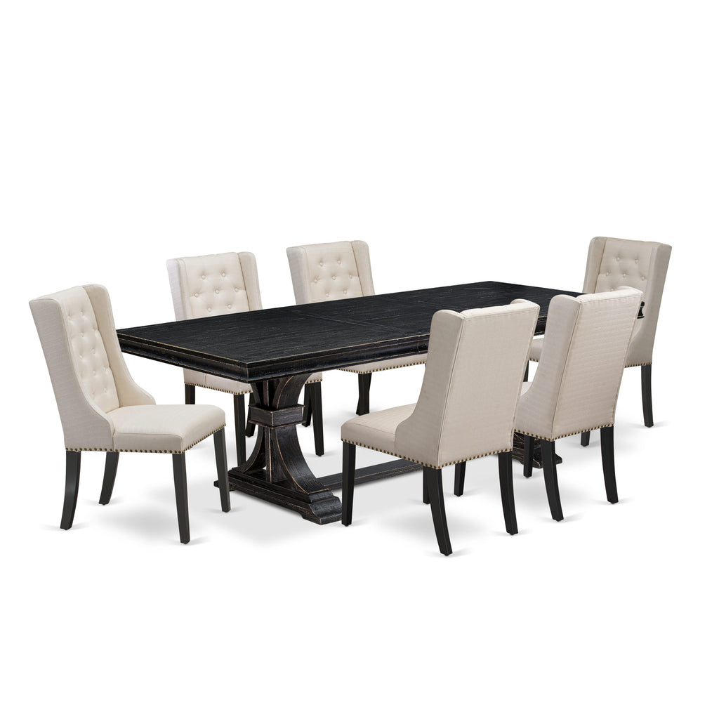 Luxe by East West Furniture LEFO7-SBB-01 - 7-piece dining table set consists of a wooden table and 6 Cream Linen Fabric dining chairs with Button Tufted Chair Back - Sand Blasting Black.