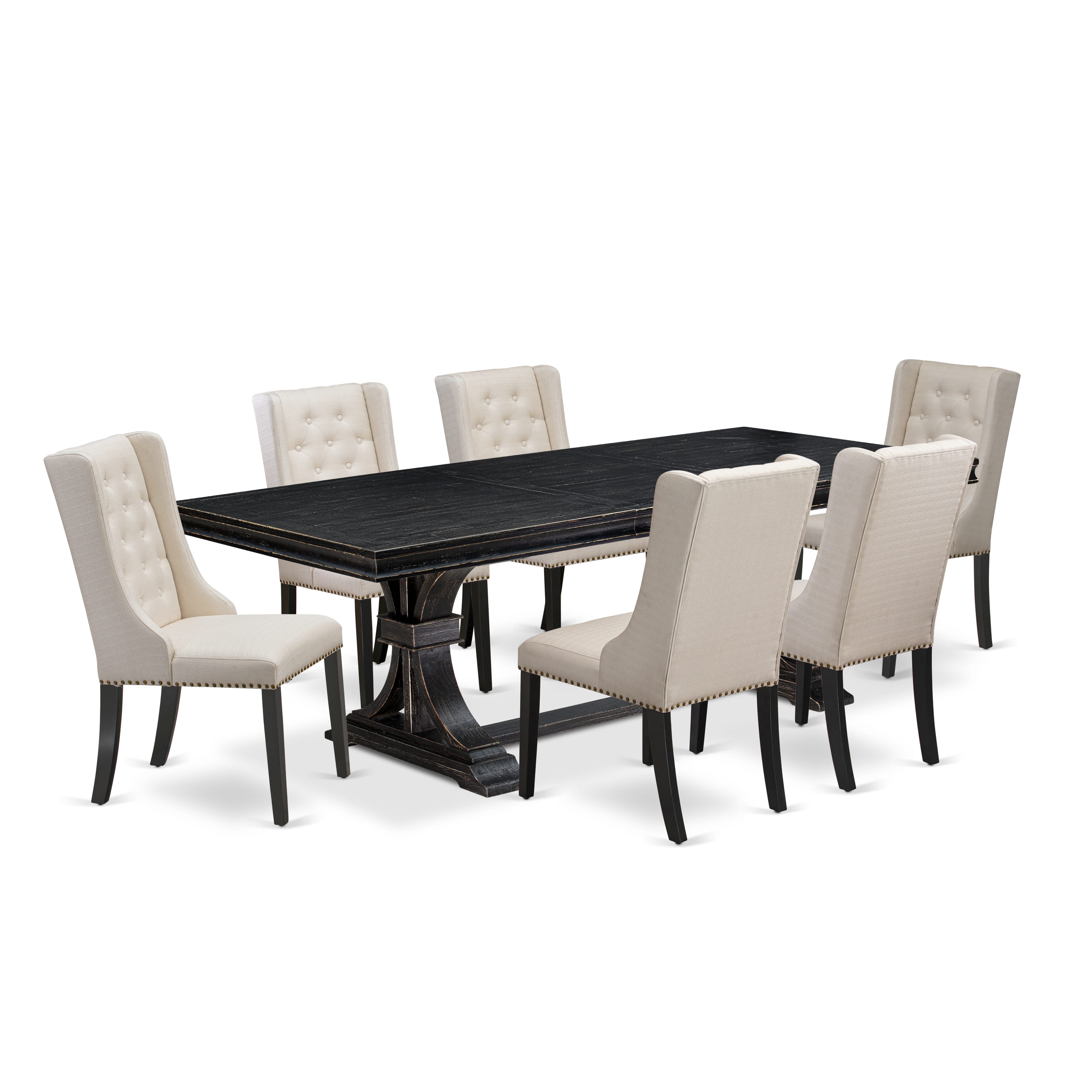 Luxe by East West Furniture LEFO7-SBB-01 - 7-piece dining table set consists of a wooden table and 6 Cream Linen Fabric dining chairs with Button Tufted Chair Back - Sand Blasting Black.