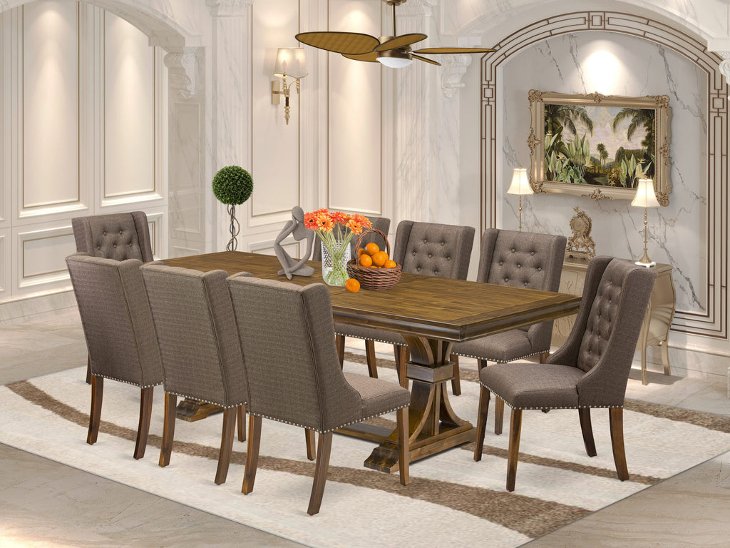 Luxe by East West Furniture LEFO9-AWA-18 - 9-piece kitchen table set includes a breakfast table and 8 Brown Linen Fabric parson chairs with Button Tufted Chair Back - Antique Walnut finish.