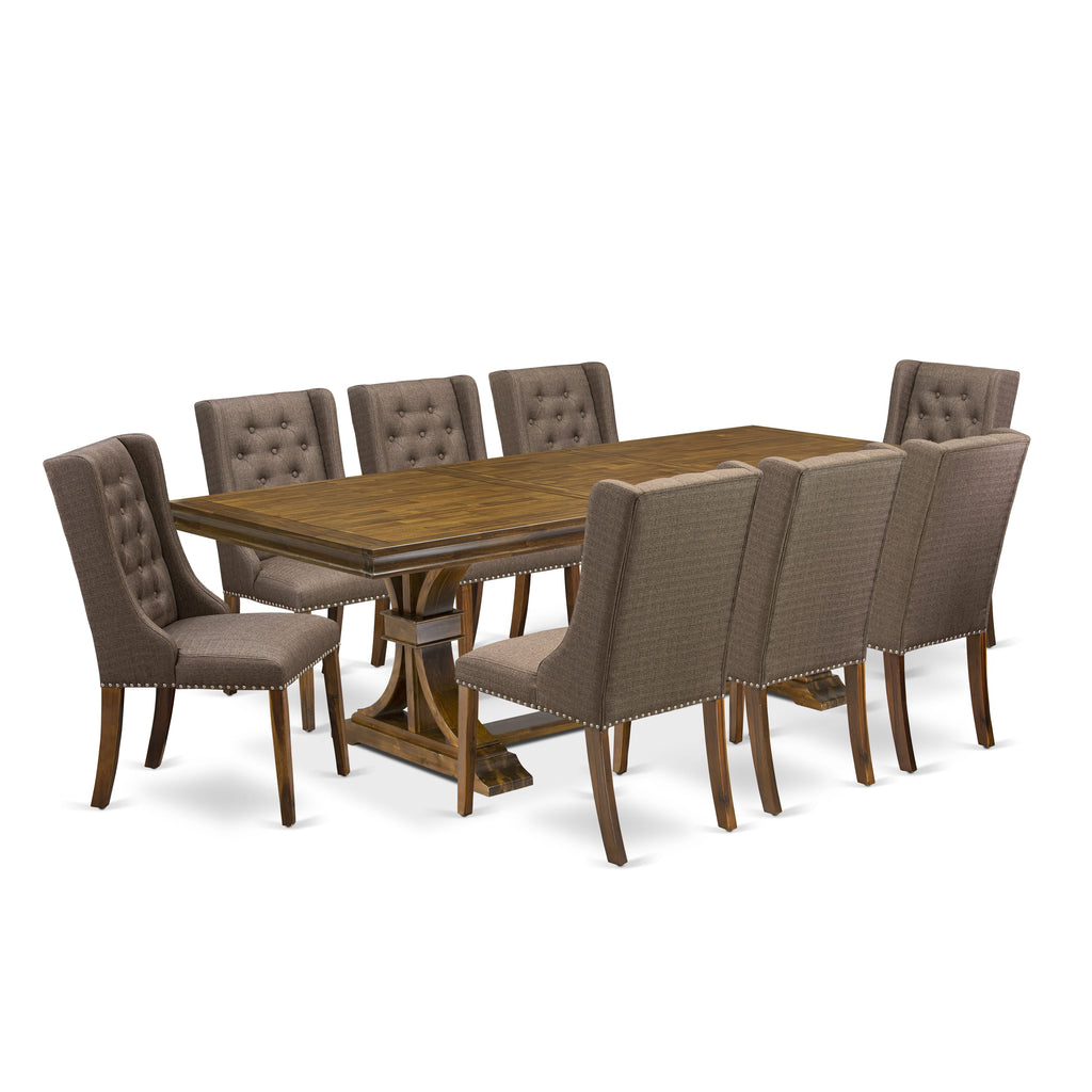 Luxe by East West Furniture LEFO9-AWA-18 - 9-piece kitchen table set includes a breakfast table and 8 Brown Linen Fabric parson chairs with Button Tufted Chair Back - Antique Walnut finish.